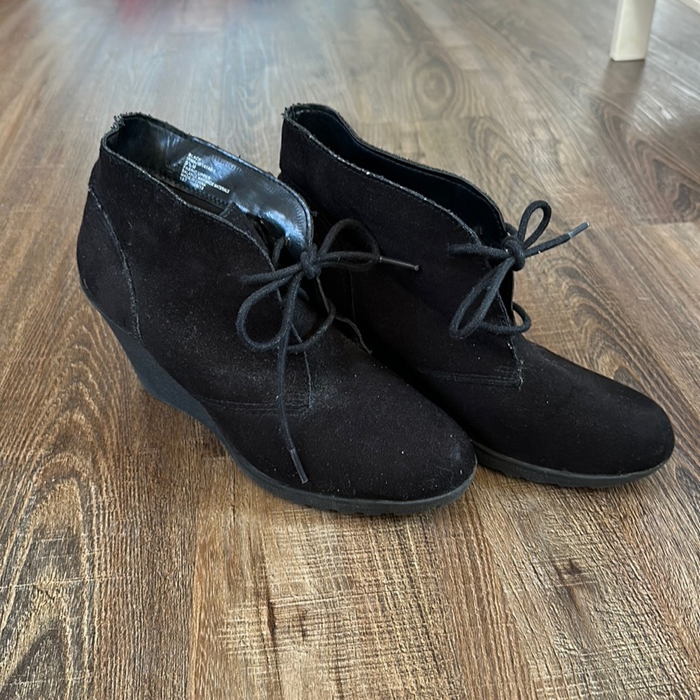 Lace up black faux suede ankle bootie